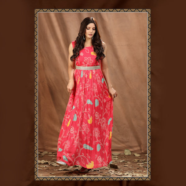 Women Printed Long Sleeveless Gown in Pink