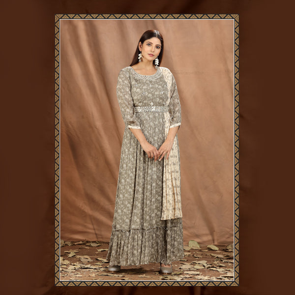 Greyish Beige Long Mirror Work Gown Enriched With Contrasted Belt and Dupatta