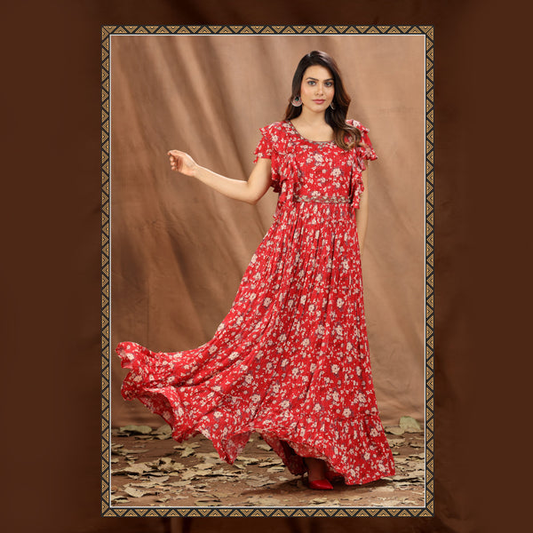 Classy Red Printed Gown with Frilled Sleeve Pattern