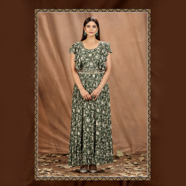 Simple Green Printed Gown With Frilled Sleeve Pattern