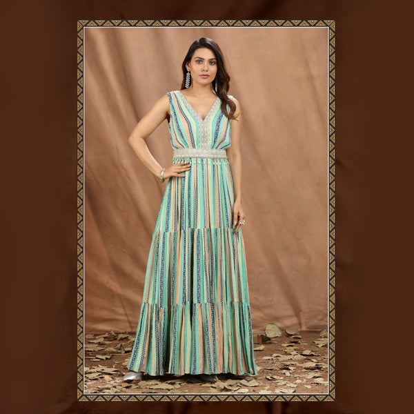 Sleeveless Long Striped Gown in Green Hue