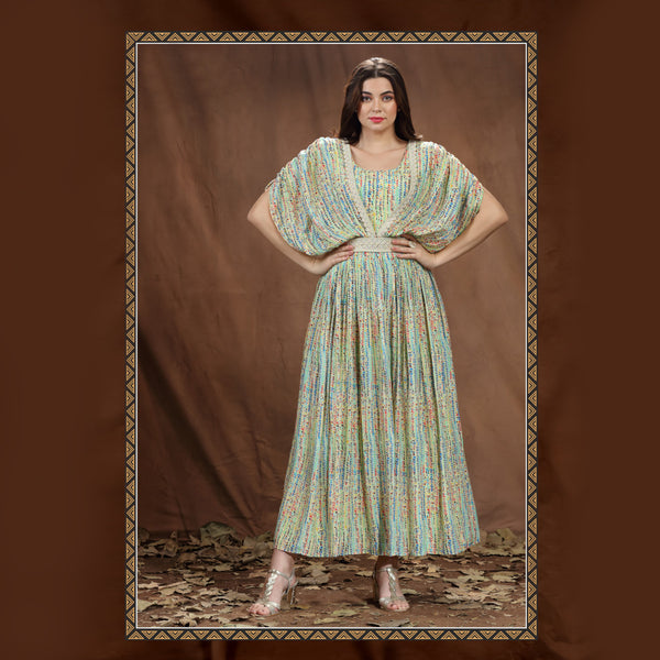 Multi Hue Printed Gown With Balloon Sleeve Pattern