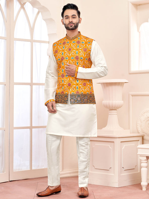 Festive White Kurta Set with Radiant Yellow Jacket