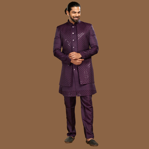 Royal Radiance Purple Sequins Embroidered with Jacket for Men