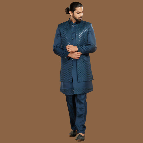 Captivating Blue Designer Jacket  Indowestern Set for Men