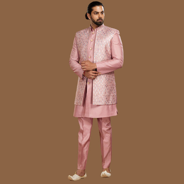 Pink Perfection Embroidered Nehru Jacket  Set for Men