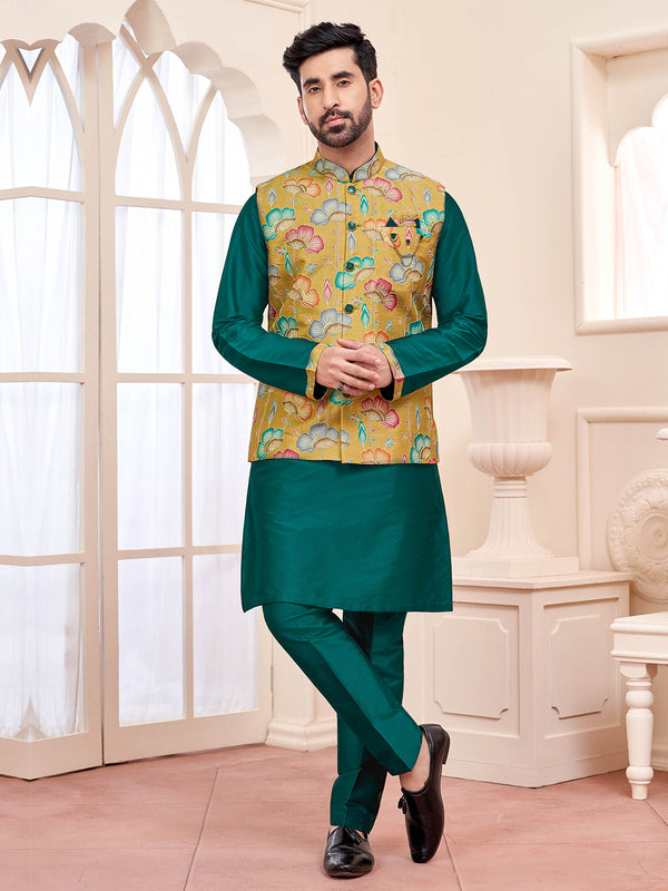 Vibrant Ethnic  Green Kurta with  Yellow Floral Jacket