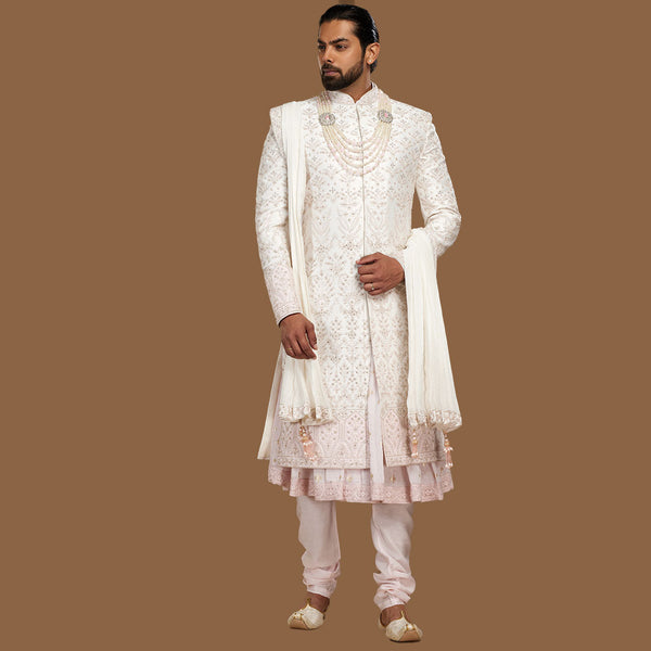 Chic Harmony  White and Pink Sherwani for Men