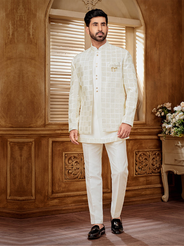 Pristine White Jodhpuri Set with Luxe Gold Embroidery for Men