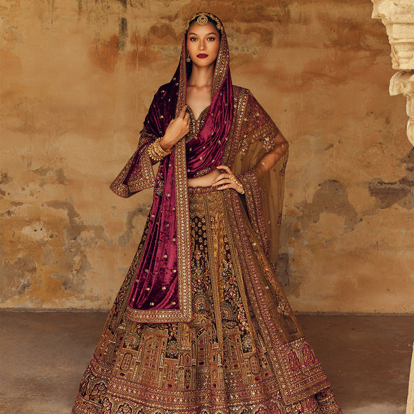 Purple and Beige Contrasted Bridal Lehenga Adorned With Golden Sequin Work