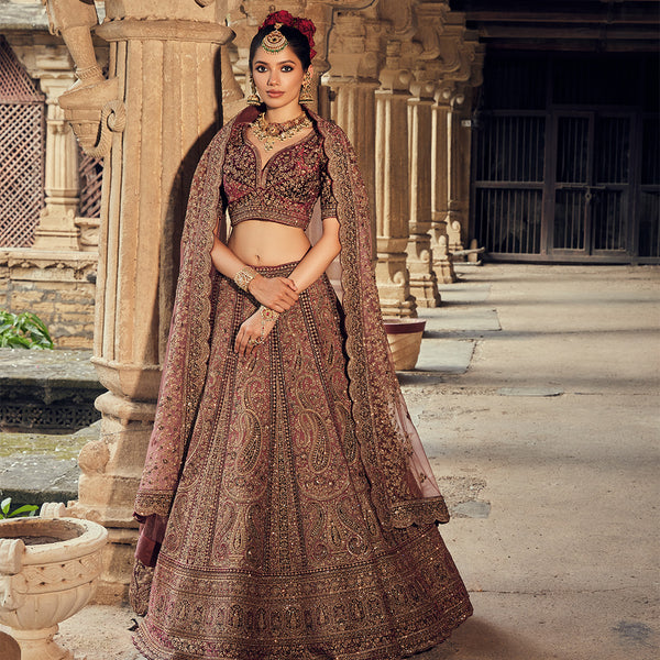 Red and Gold Silk Lehenga Choli Paired with Two Shade Dupattas