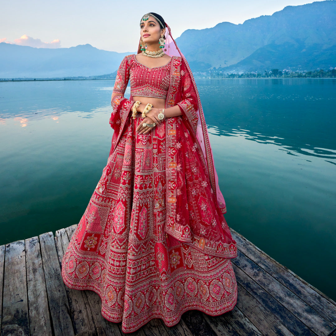 Buy Persian Red Lehenga Choli In Velvet With Multi Colored Hand Embroidered  Mughal Kalis And Floral Motifs Online - Kalki Fashion