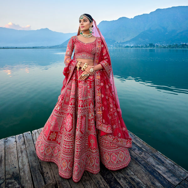 Traditional Red Bridal Lehenga Adorned With Rich Gold and Pink ThreadWork