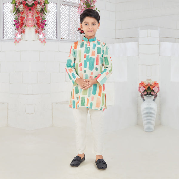 Boys Stunning  Patched Elegance with Blue and White Kurta