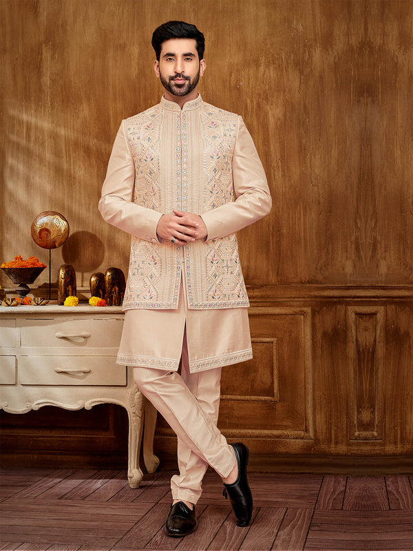 Elegant Cream Embroidered Jacket and Indo-Western Set for Men