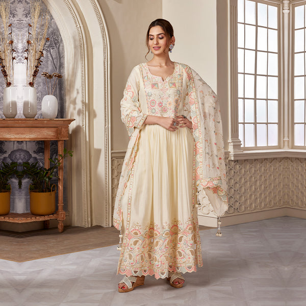 Off-white cutwork long gown with dupatta