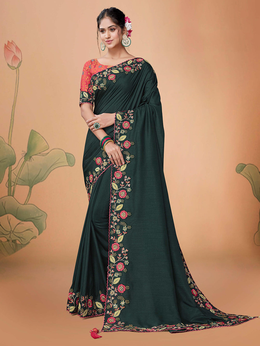 Dark Green Embellished Art Silk Saree