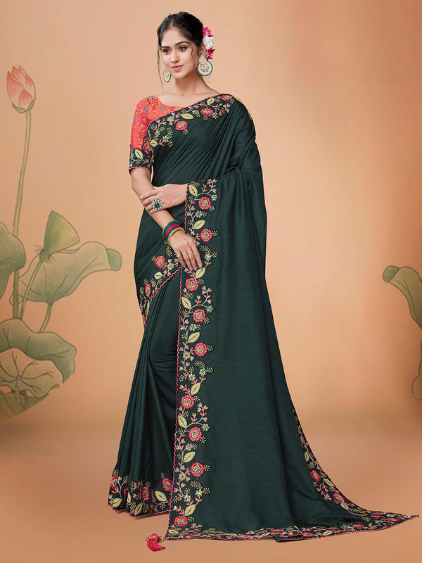 Embroided Dark Green Designer Saree with Printed Red Blouse