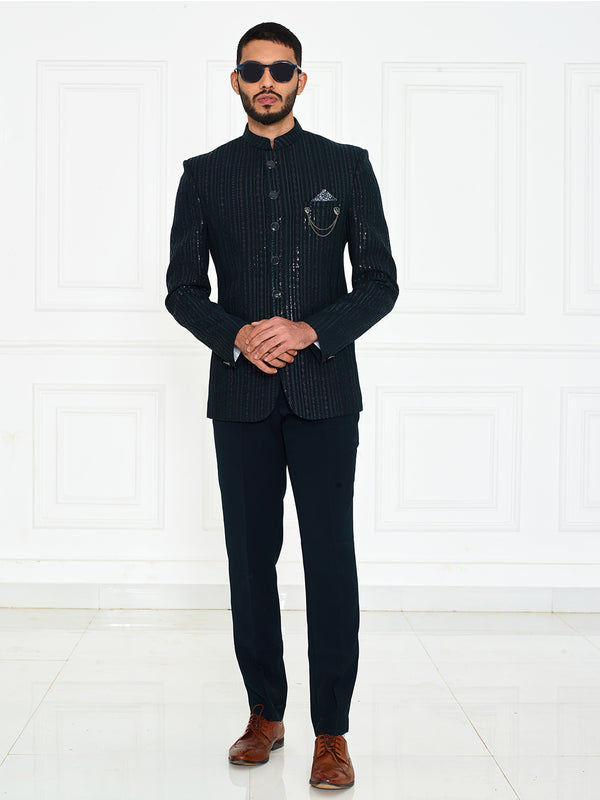 Mens Black Striped Sequined Bandhgala Suit
