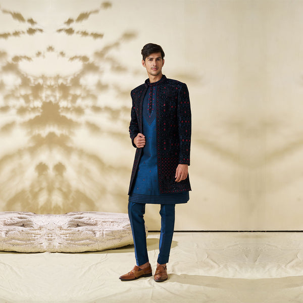 Regal Blue Sherwani with Black Zari Embellishments