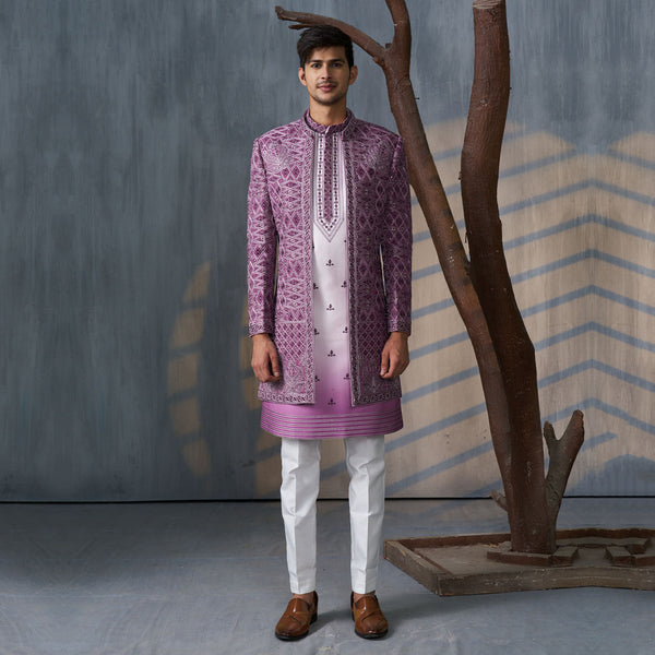 Blush Purple Silk Sherwani Set with Ivory Pajama