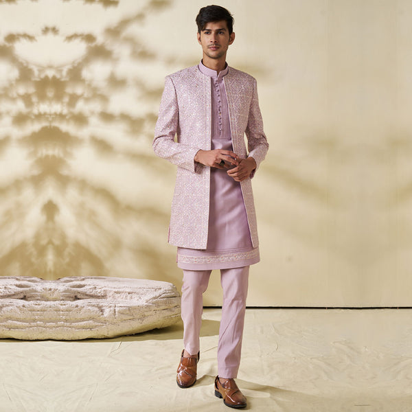 Light Pink Silk Sherwani Set with Matching Coat and Pajama