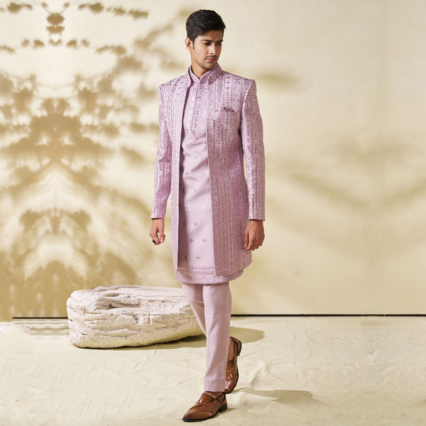 Light Pink Silk Sherwani Set with Mirror-Style Embellishments