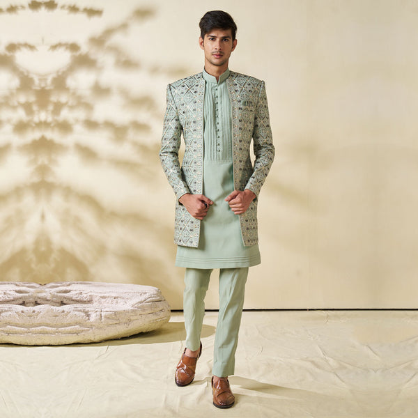 Elegant Silver Sage Color Silk Sherwani Set with Matching Coat and Pajama