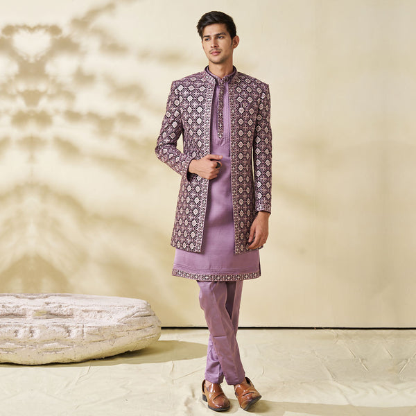 Regal Rose Silk Sherwani with Designed Coat and Pajama