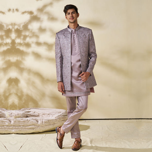 Elegant Rose Silk Sherwani with Matching Coat and Pajama