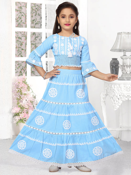 Shop Kids Girls Blue Embroidered Crop Top N Skirt Party Wear Online at Best  Price