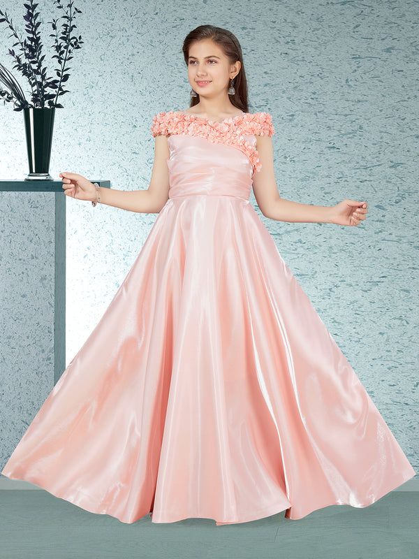 Pristine Peach Party Wear Gown For Girls