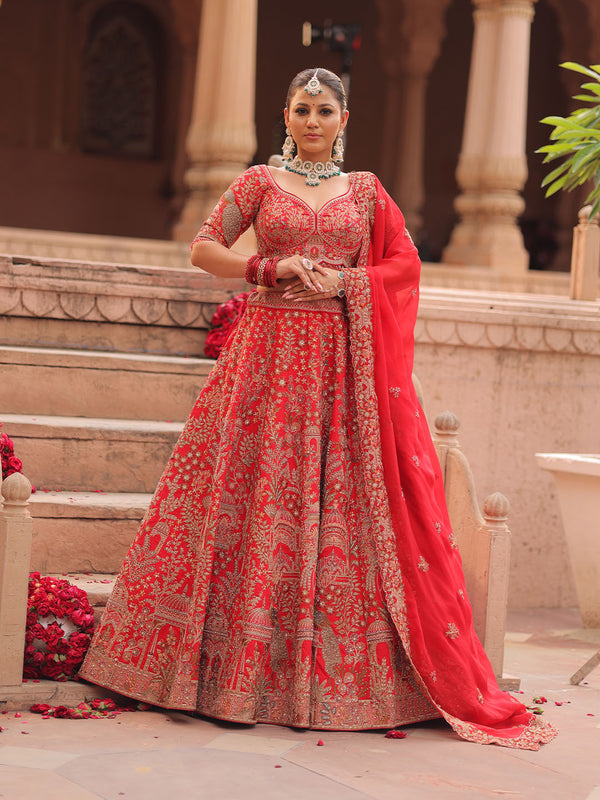 Rich Coral Red Heavy Gold Motif Lehenga