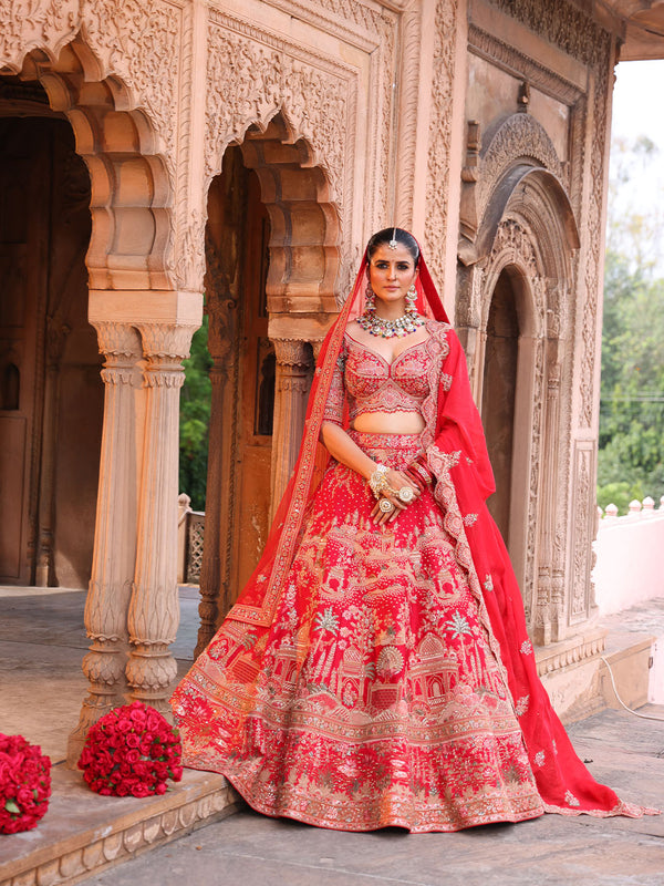 Deep Scarlet Embroidered V-Neckline Bridal Lehenga