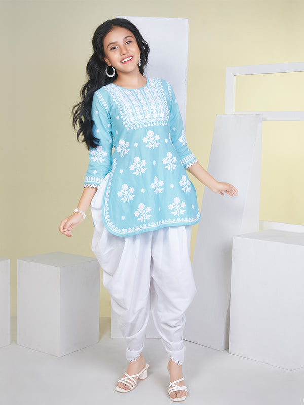 Serene Sky-Blue Lucknowi Dhoti Kurta for Girls