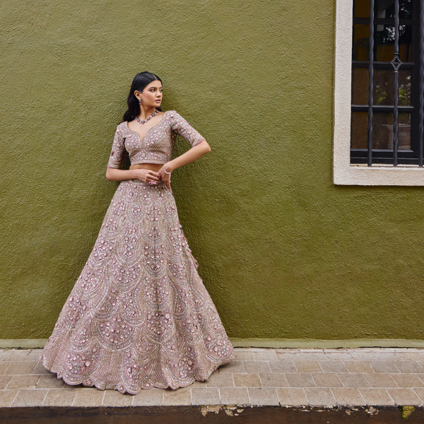 Stylish Lilac Bridal Lehenga Adorned with Exquisite Floral Work
