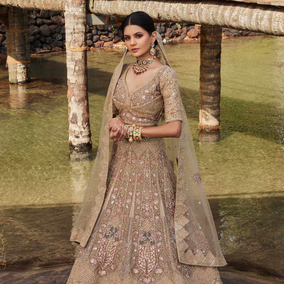 Photo of light bridal lehenga in ivory and white with dupatta as veil