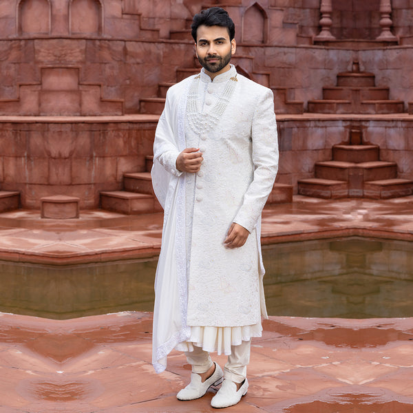 Pristine White Sherwani with Immaculate and Refined Detailing