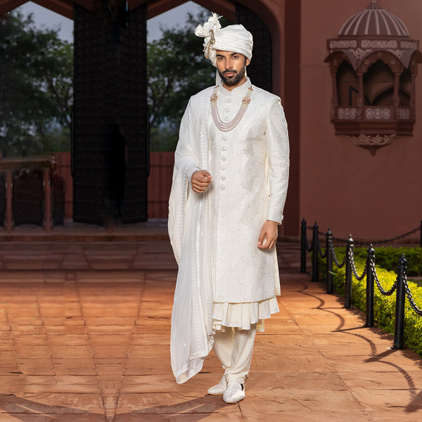 Opulent Shiny Cream Sherwani with Lustrous Finish