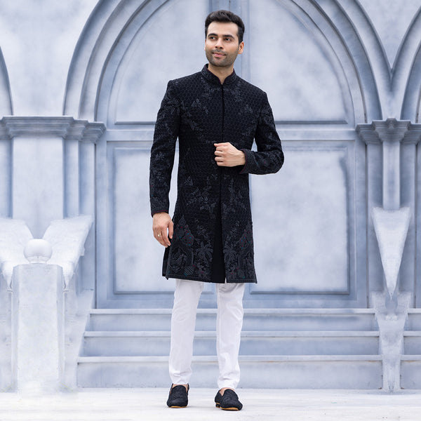 Regal Black Sherwani with Dazzling Sequin Pattern