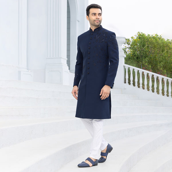 Bold Blue Sherwani with Striking Black Prints