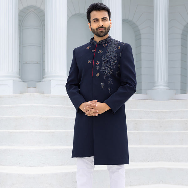 Elegant Navy Blue Sherwani with Signature Print Accents