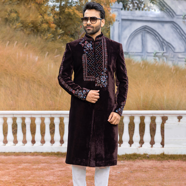 Intricate Brown Sherwani with Elegant Floral Prints