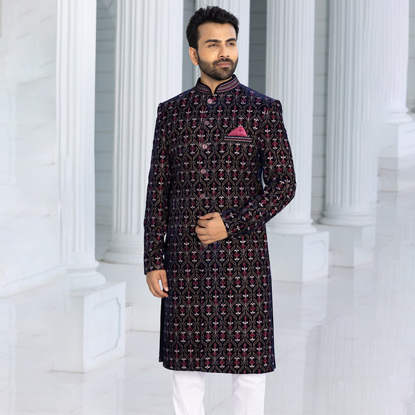 Royal Black Sherwani with Dazzling Red Sequin Detailing