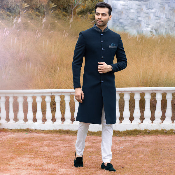 Silhouette Plain Navy Sherwani for Men