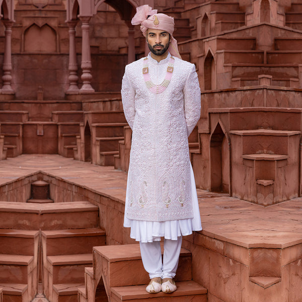 Rose Pink Sherwani with Intricate Artistry and Majestic Detailing