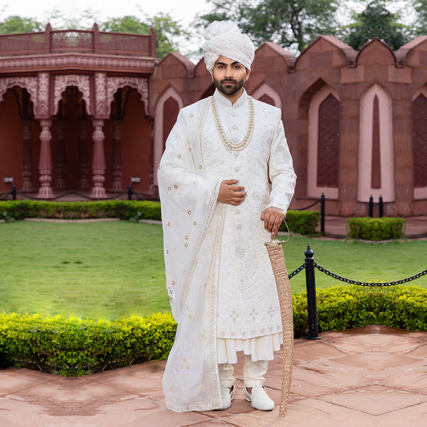 Opulent Off-White Couture Sherwani with Fine Artisanal Detailing