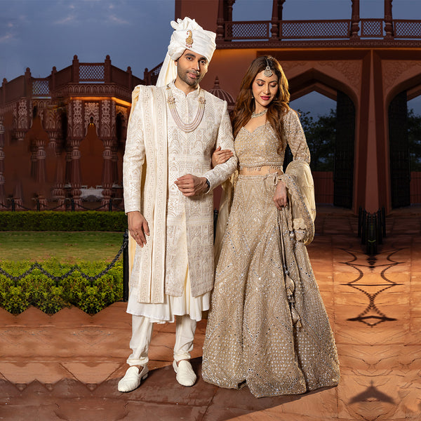 Off-White  Sherwani with Exquisite Embroidery and Regal Accents