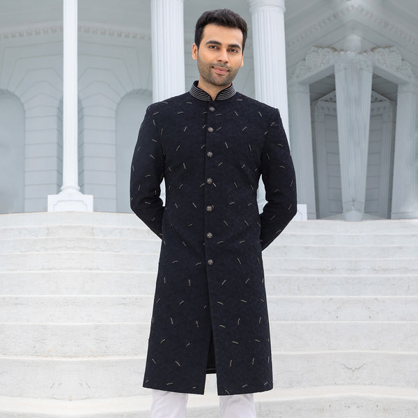 Sophisticated Black Sherwani with Distinctive Prints