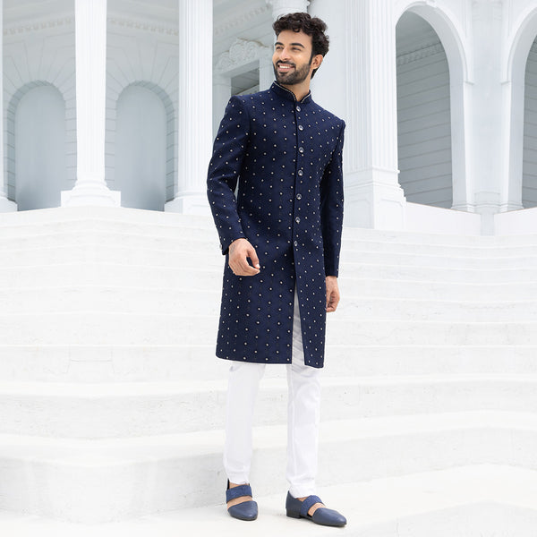 Striking Navy Blue Sherwani with Crisp White Spot Accents